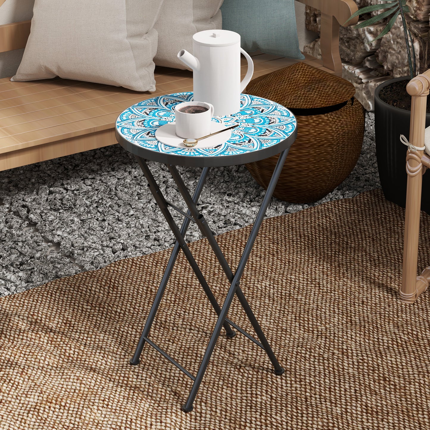 Outsunny Mosaic Outdoor Garden Table, 35.5cm Round Folding Coffee Table with Metal Frame for Balcony Terrace, Blue