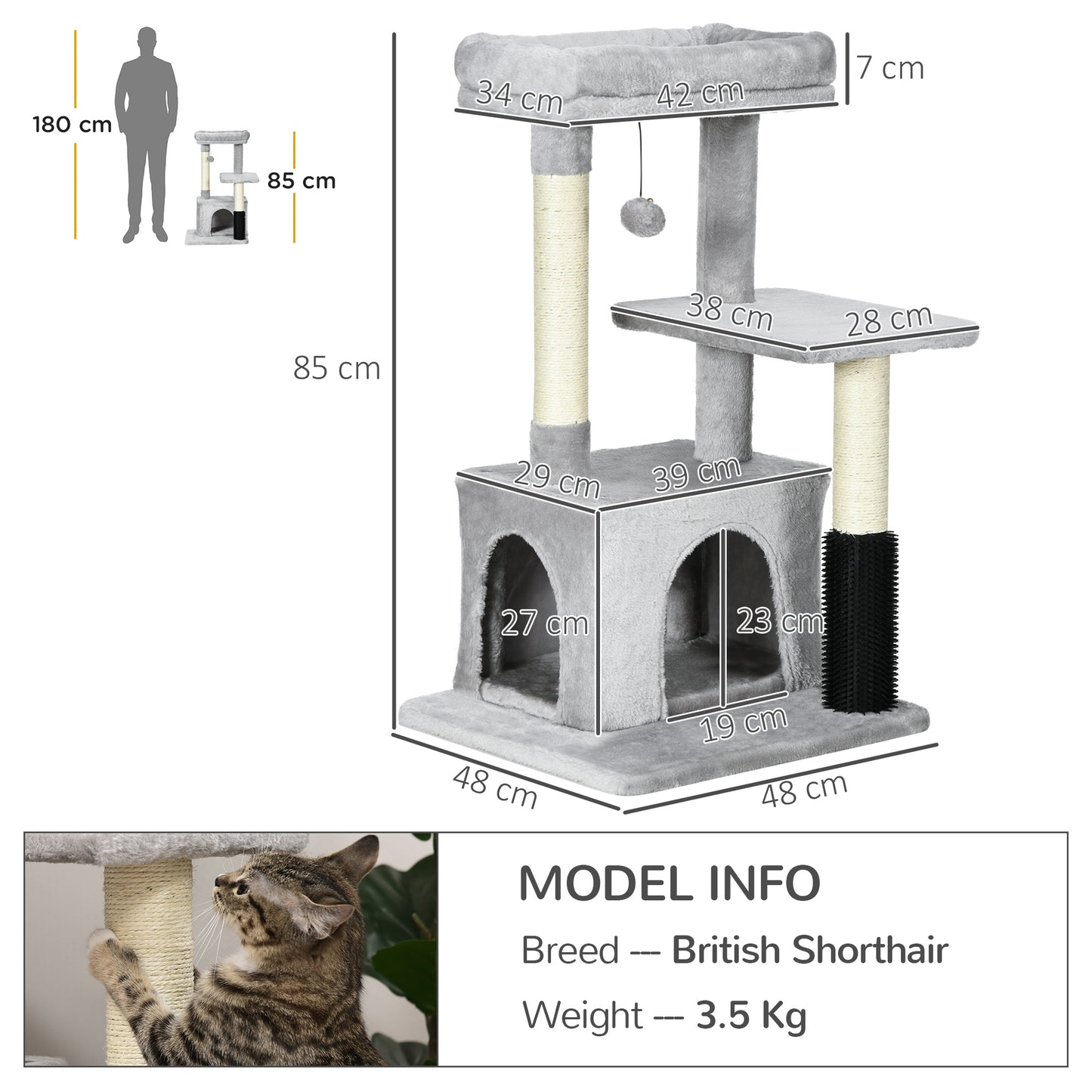 PawHut Cat Tree dla kotów domowych, wieża wspinaczkowa, drapak dla kotów, centrum aktywności dla kotów z zabawką do masażu, wisząca piłka, łóżko, grzęda, 48 x 48 x 85 cm, szary
