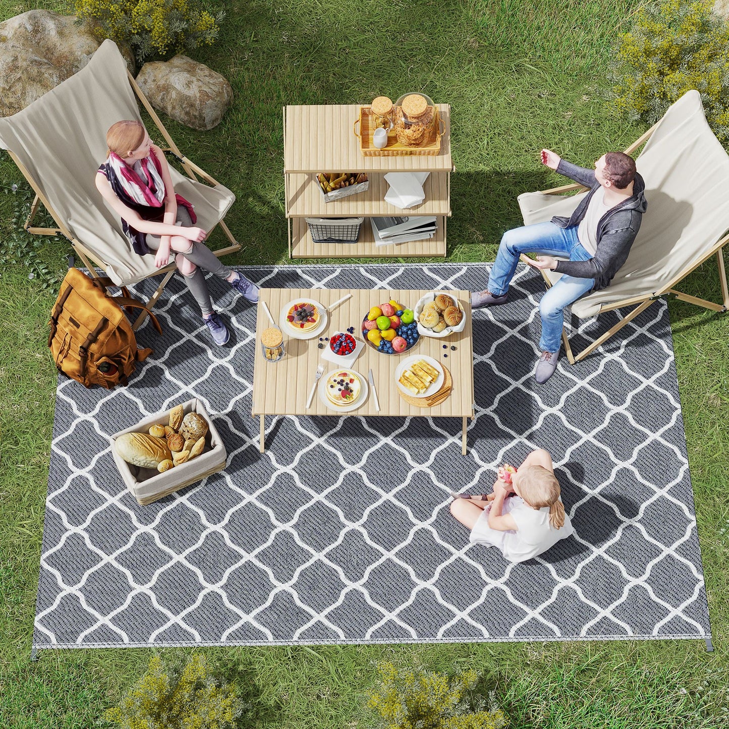 Outsunny Reversible Outdoor Rug z torbą transportową, wodoodporna plastikowa mata słomiana do ogrodu, na pokład, do kampera, na piknik, na plażę, na kemping, 182 x 274 cm, szary