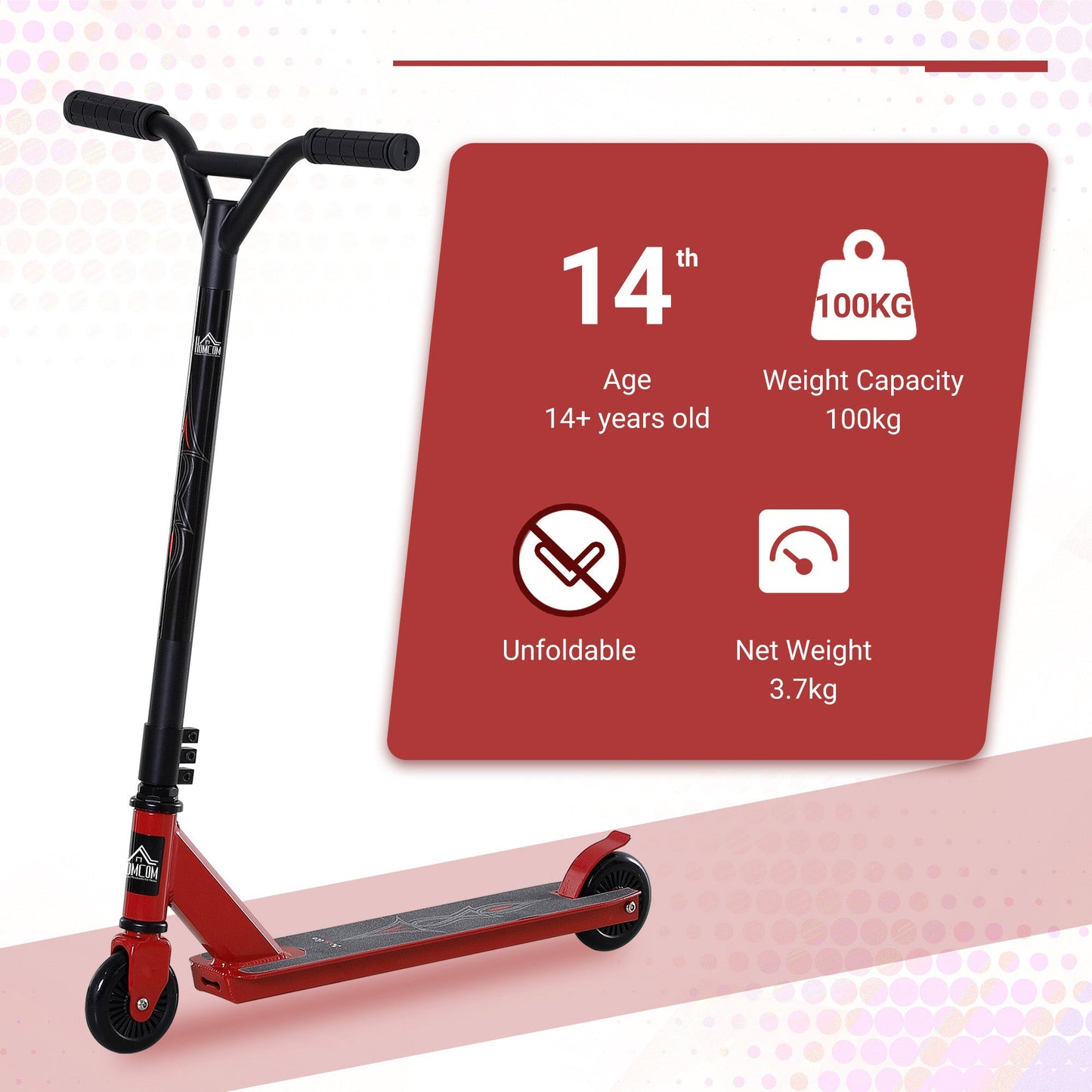 HOMCOM Teens Lightweight Steel Stunt Scooter Red