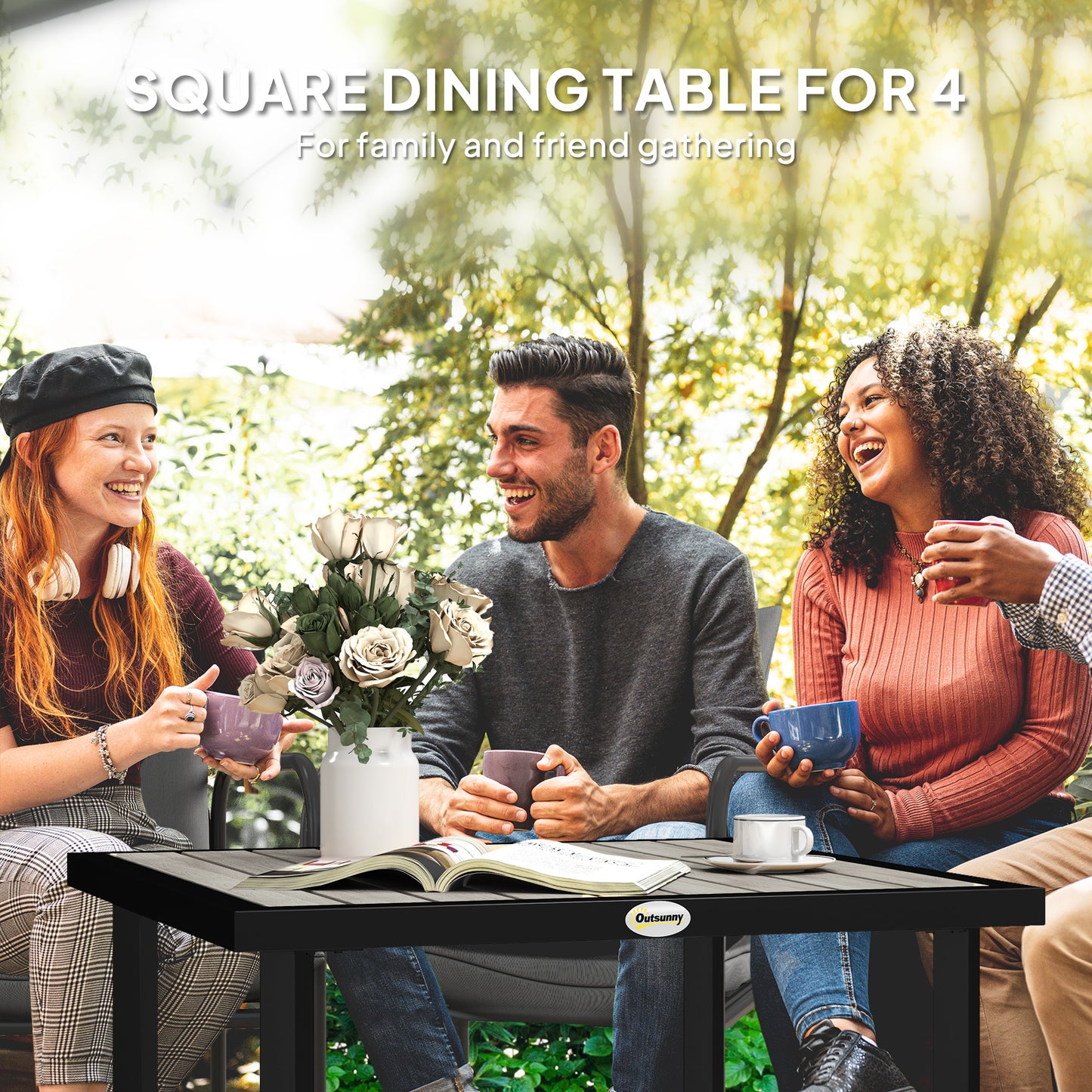 Stół ogrodowy Outsunny Square Garden Dining Table z otworem na parasol 5,4 cm, blatem z listew, metalową ramą, 86 x 86 x 71 cm, jasnoszary