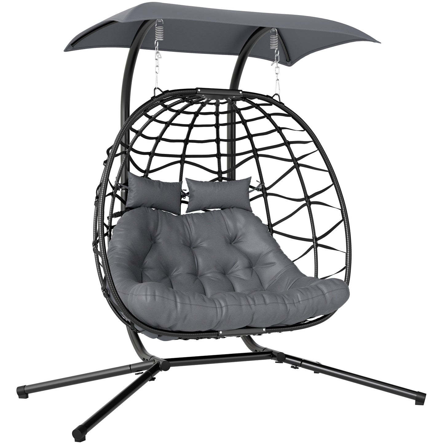 Outsunny Rattan Double Hanging Egg Chair z baldachimem, składany wiklinowy fotel hamakowy Egg z poduszką, poduszkami pod głowę, stojakiem, stalową ramą, fotelem hamakowym do wewnątrz i na zewnątrz, nośność 260 kg, czarny