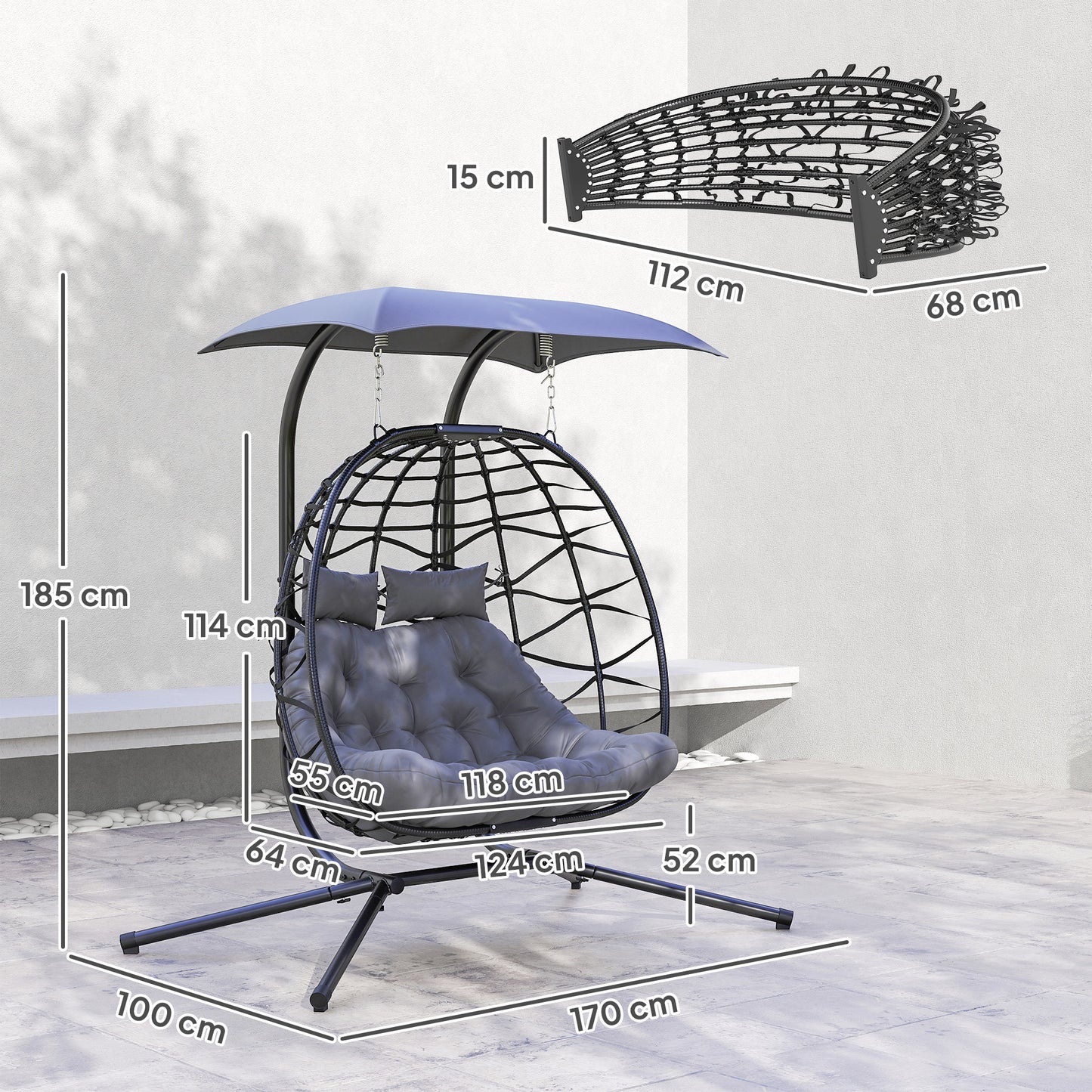 Outsunny Rattan Double Hanging Egg Chair z baldachimem, składany wiklinowy fotel hamakowy Egg z poduszką, poduszkami pod głowę, stojakiem, stalową ramą, fotelem hamakowym do wewnątrz i na zewnątrz, nośność 260 kg, czarny