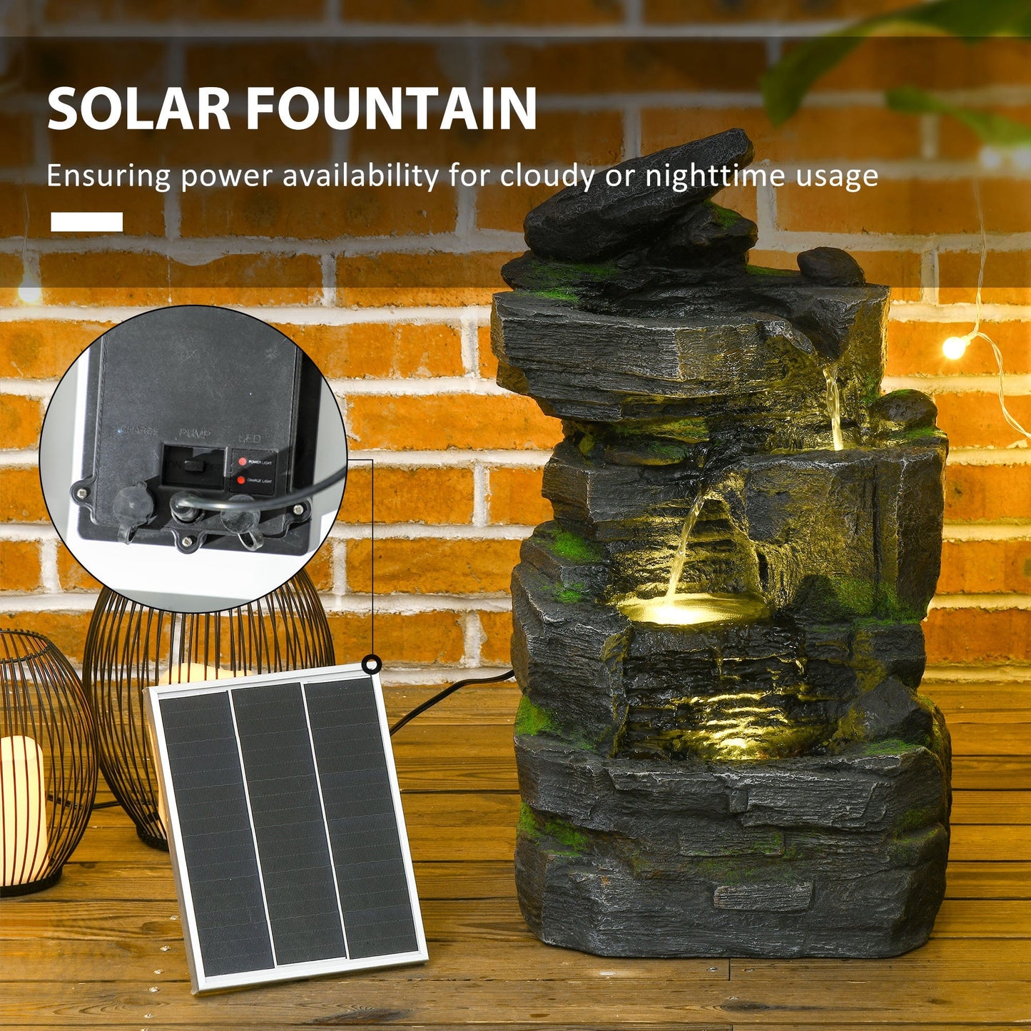 Outsunny Garden Water Feature with LED Lights - Dark Grey
