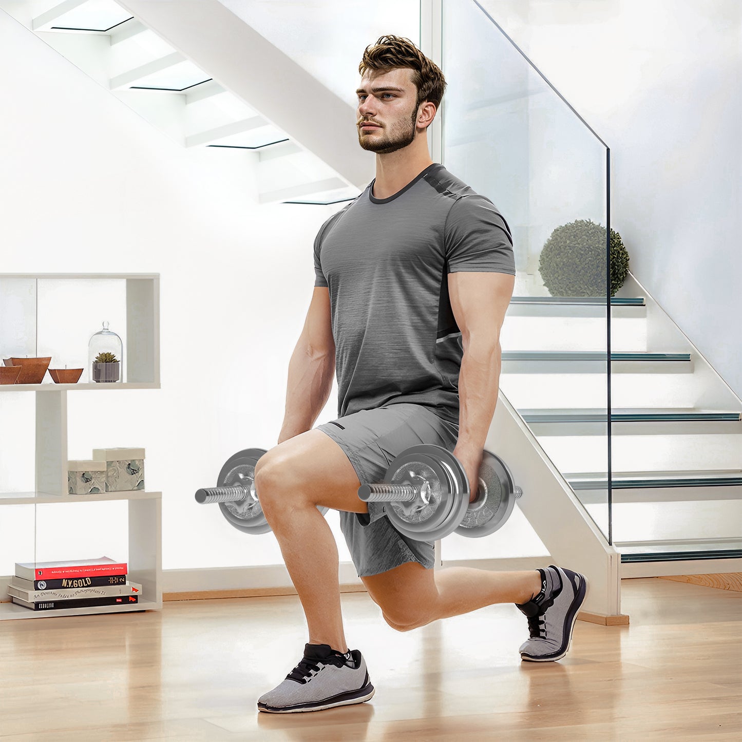 Zestaw hantli i ciężarków SPORTNOW 20 kg z regulacją, 2 w 1, hantle i sztanga z uchwytem antypoślizgowym, zestaw wolnych ciężarów do podnoszenia ciężarów w domowej siłowni i treningu siłowego