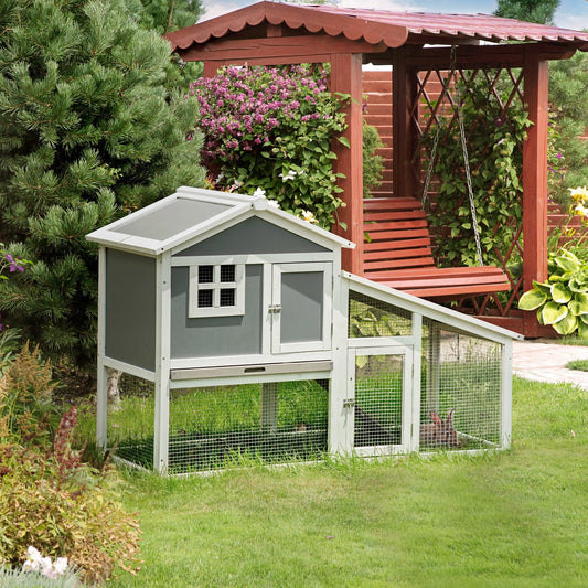 PawHut Two-Tier Rabbit Hutch, with Sunlight Panel Roof, Slide-Out Tray - Grey