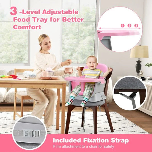 6-in-1 Baby High Chair with 5-Point Harness and Removable Tray-Pink