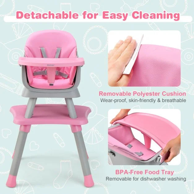 6-in-1 Baby High Chair with 5-Point Harness and Removable Tray-Pink