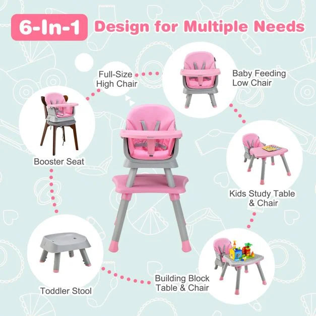 6-in-1 Baby High Chair with 5-Point Harness and Removable Tray-Pink