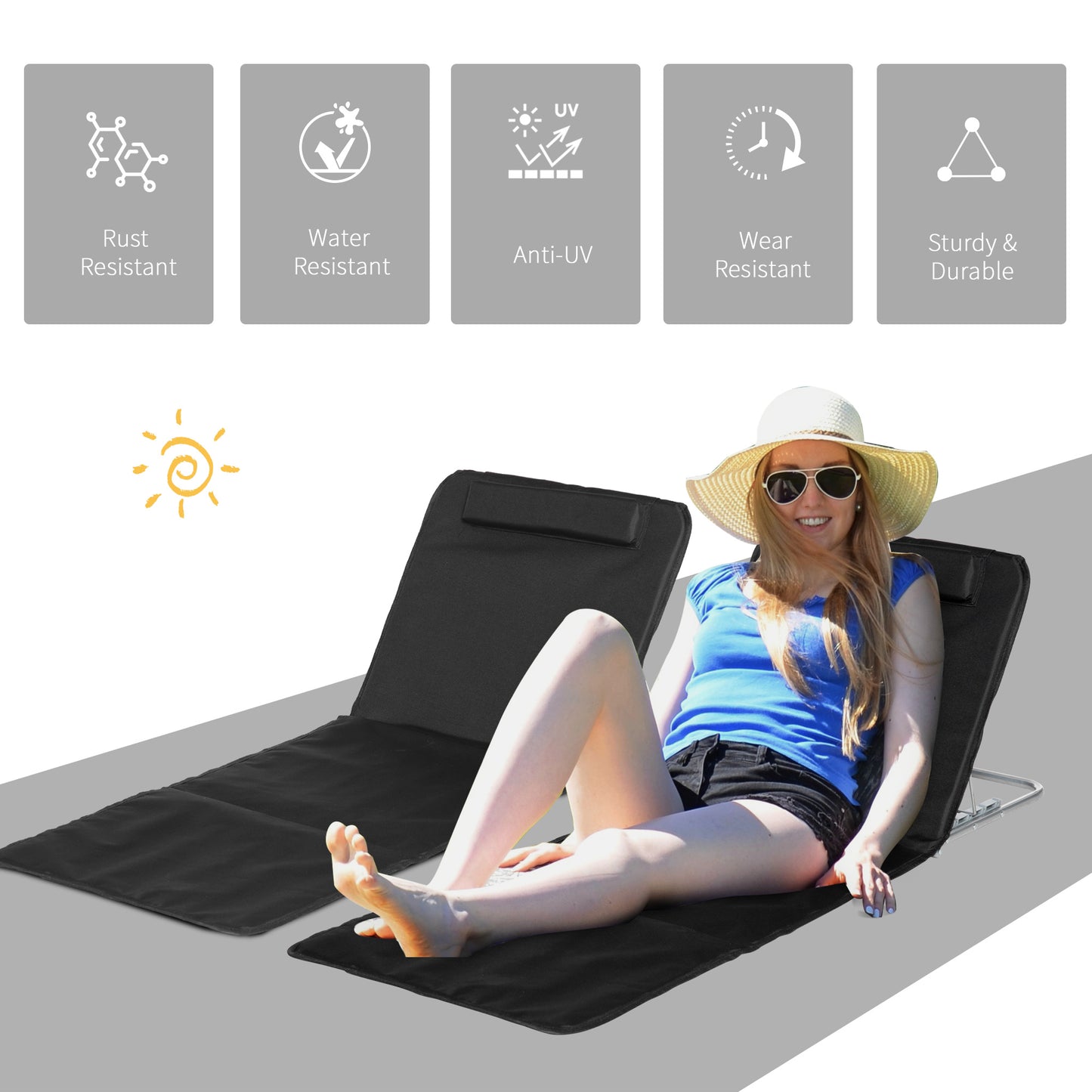 Outsunny Zestaw 2 składanych mat ogrodowych na plażę Lekkie siedziska leżaków ogrodowych Regulowane oparcie Metalowa rama Poduszka pod głowę z tkaniny PE z torbą transportową, czarny