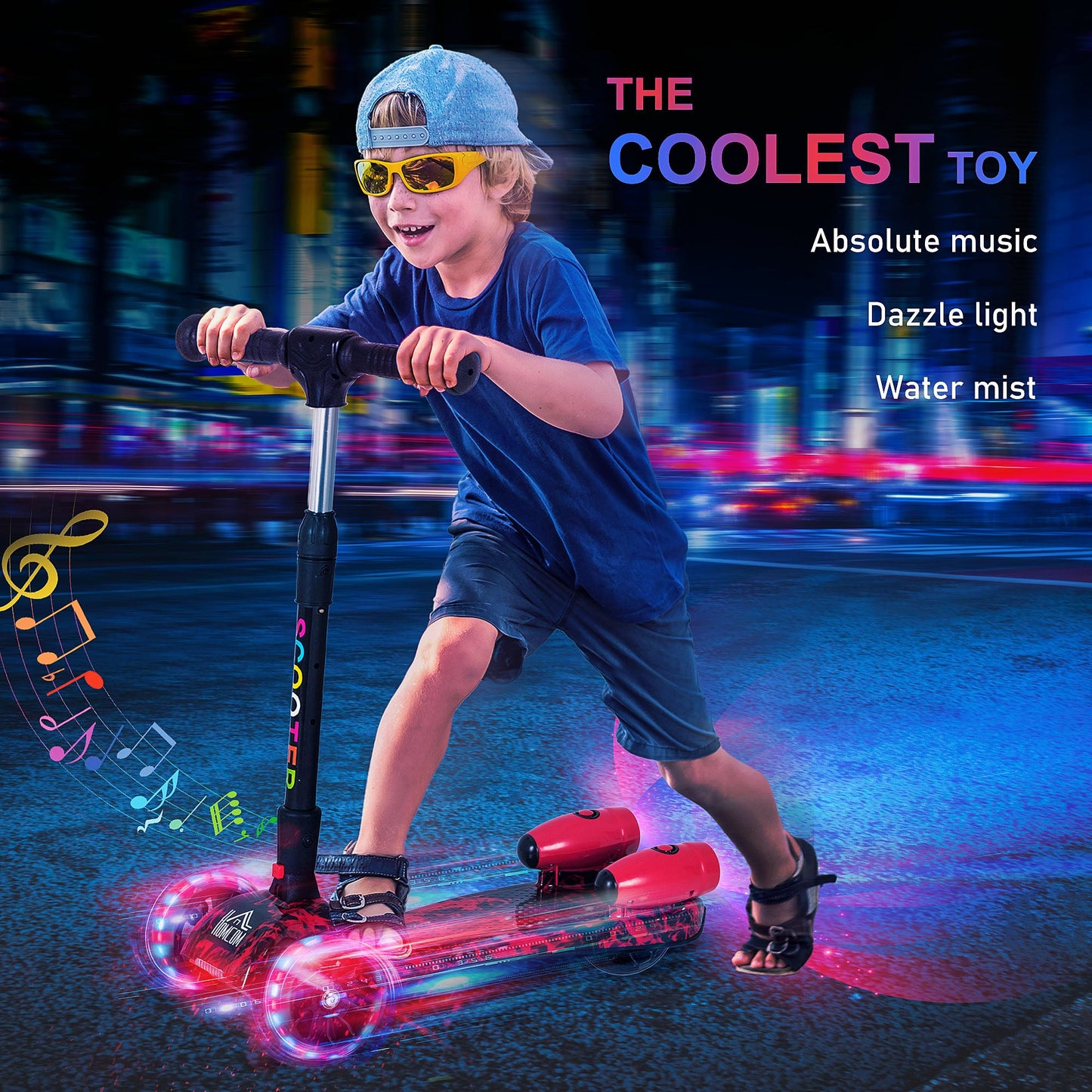 HOMCOM Scooter for Kids Toddler 3 Wheel Adjustable Height w/ Flashing Wheels Music Water Spray Foldable Kick Scooter for Boys and Girls 3 - 6 Yrs Red