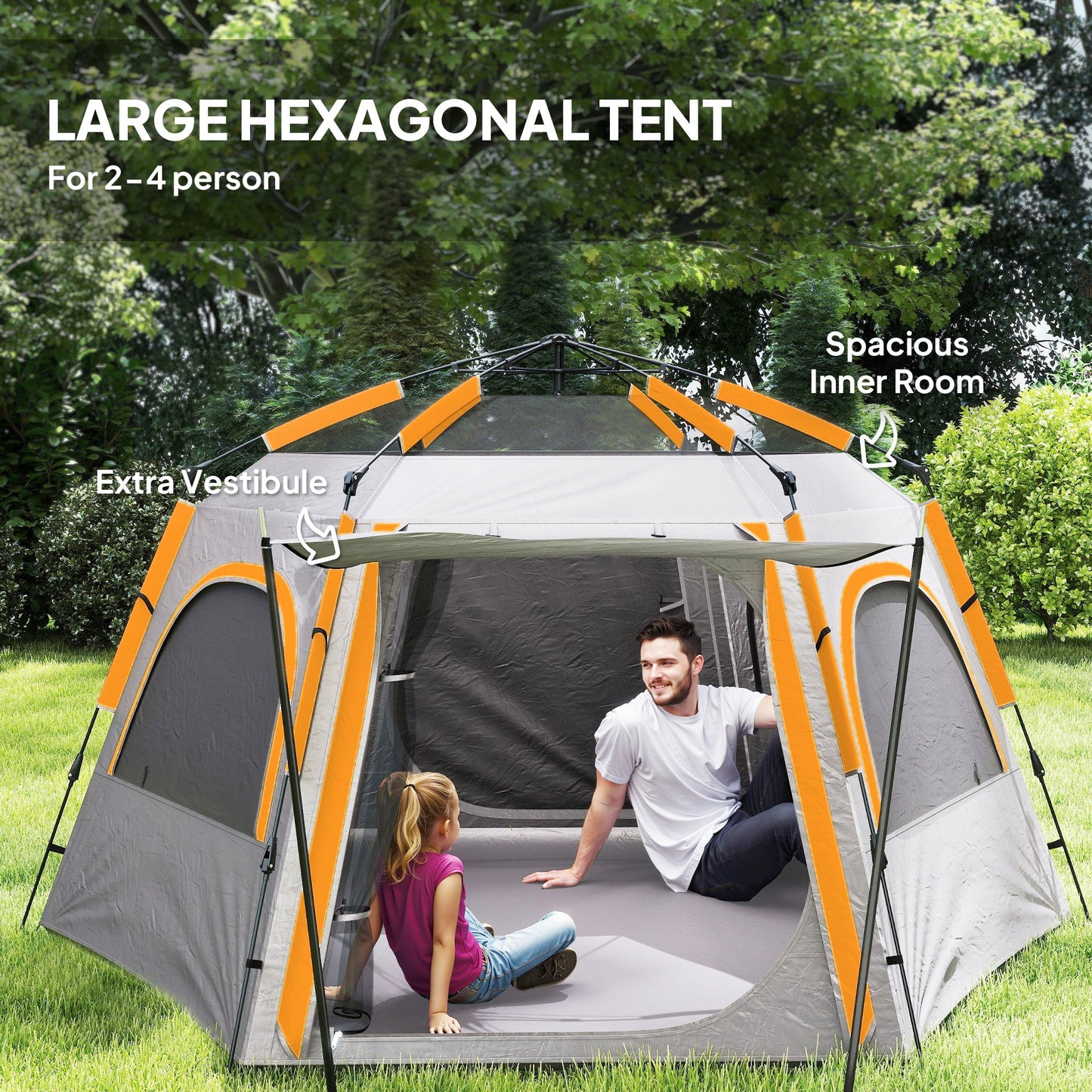 Outsunny Instant Pop Up Camping Tent, 2/3/4 osobowy, łatwy w rozkładaniu namiot rodzinny z przedsionkiem, tropikiem, 4 oknami z siatki i 2 drzwiami, sześciokątny design, wodoodporny i z ochroną UV, jasnoszary