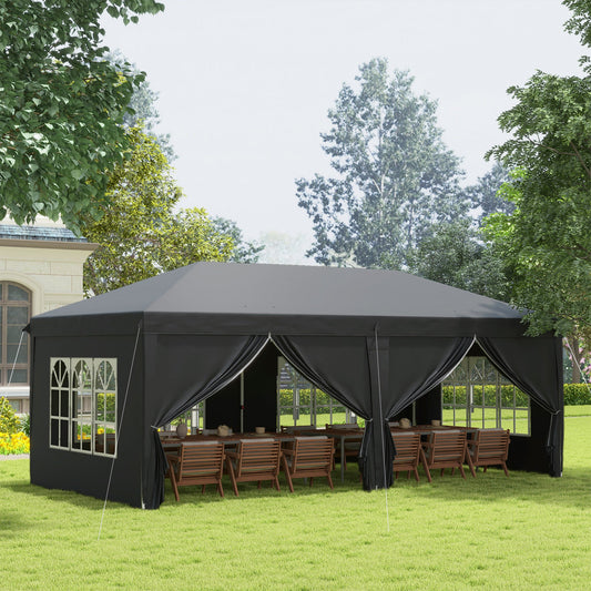 Outsunny 3 x 6 m Pop Up Gazebo with Sides and Windows, Height Adjustable Wedding Camping Party Tent Canopy Marquee with Storage Bag for Garden, Event, Black