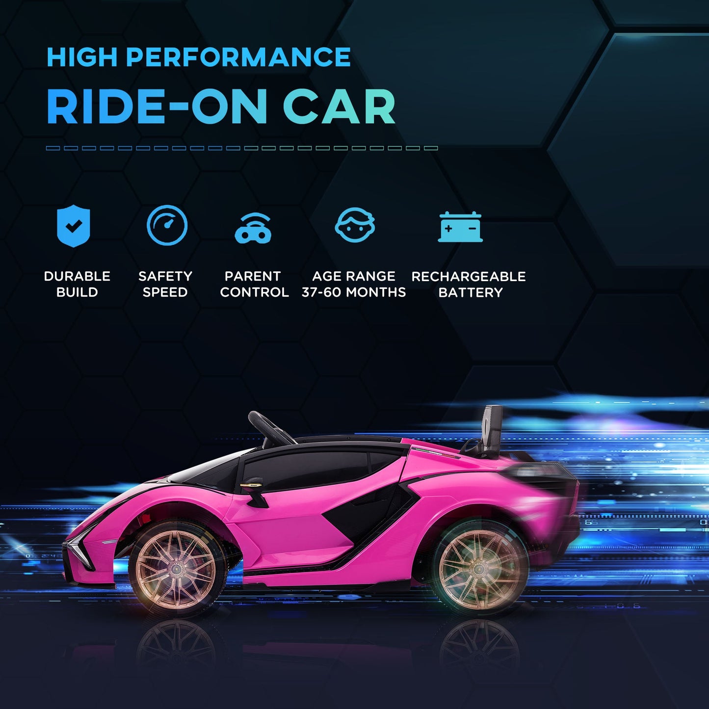 HOMCOM Lamborghini Sian Licencjonowany 12V Elektryczny Samochód Dziecięcy Do Jazdy 2 Silniki Zabawka Samochodzik Z Pilotem Muzyka Światła MP3 dla 3-5 Lat Różowy