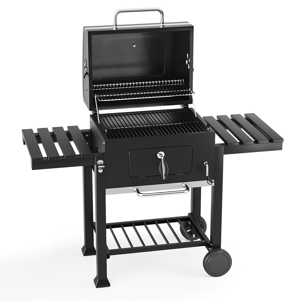 Grill ogrodowy ze stali węglowej, szeroki na 138 cm, z półkami bocznymi