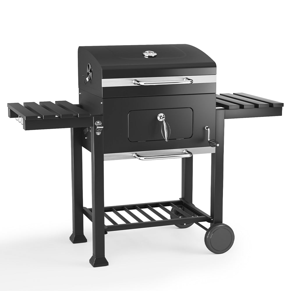 Grill ogrodowy ze stali węglowej, szeroki na 138 cm, z półkami bocznymi