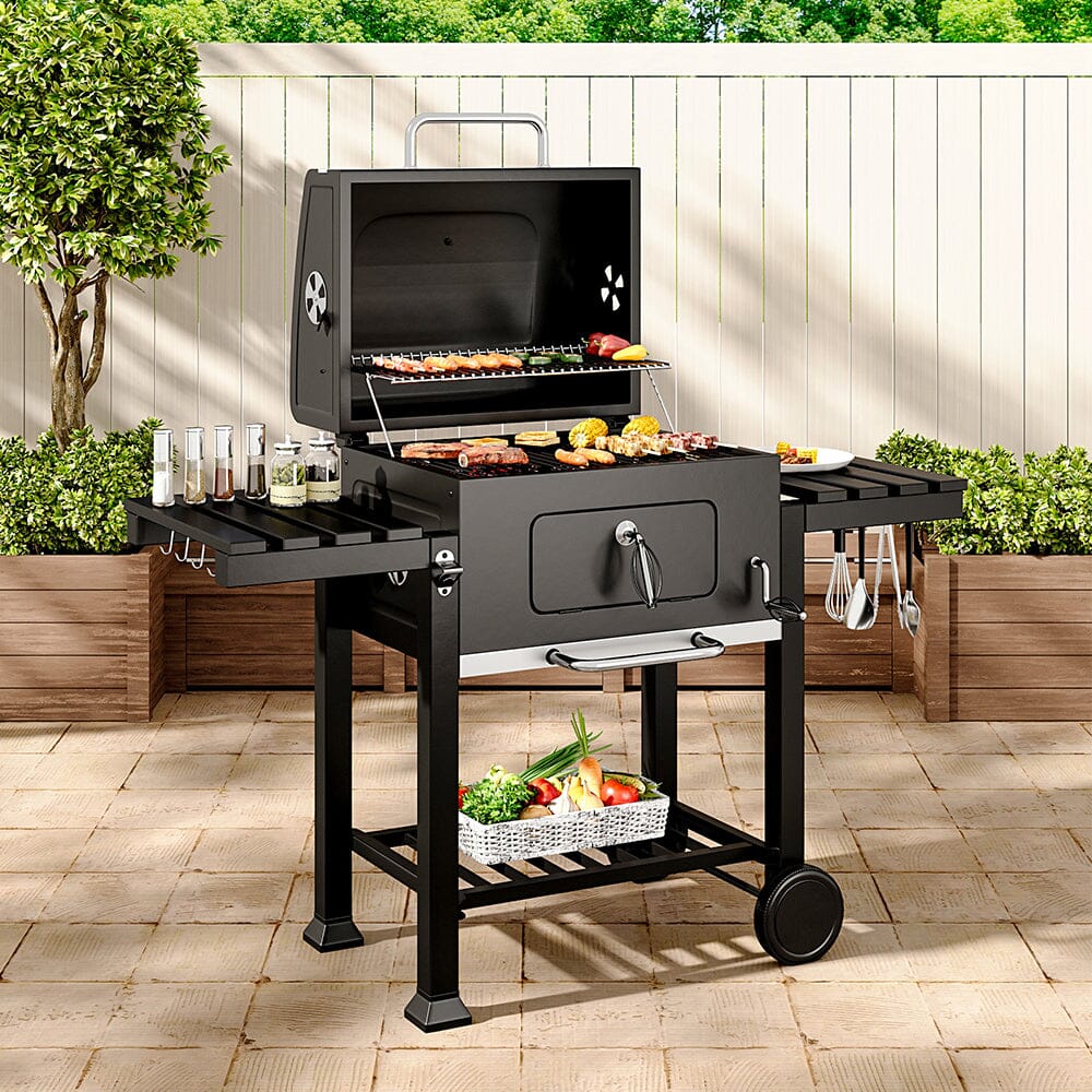 Grill ogrodowy ze stali węglowej, szeroki na 138 cm, z półkami bocznymi