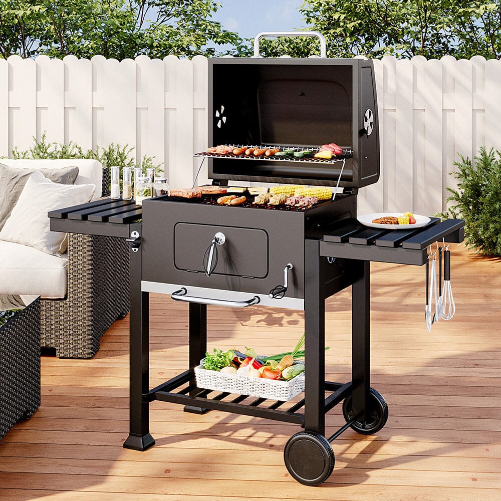 Grill ogrodowy ze stali węglowej, szeroki na 138 cm, z półkami bocznymi