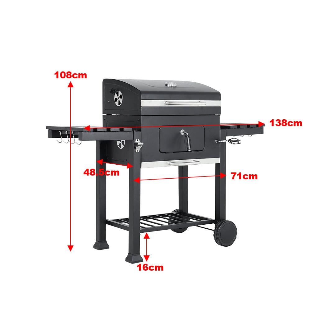 Grill ogrodowy ze stali węglowej, szeroki na 138 cm, z półkami bocznymi