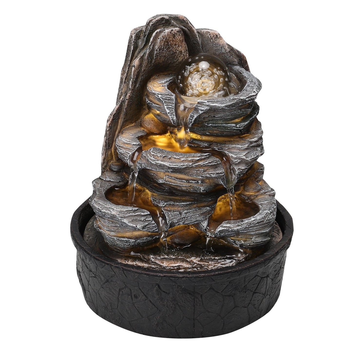 Tiered Rock Cascading Tabletop Water Fountain with LED Crystal Ball
