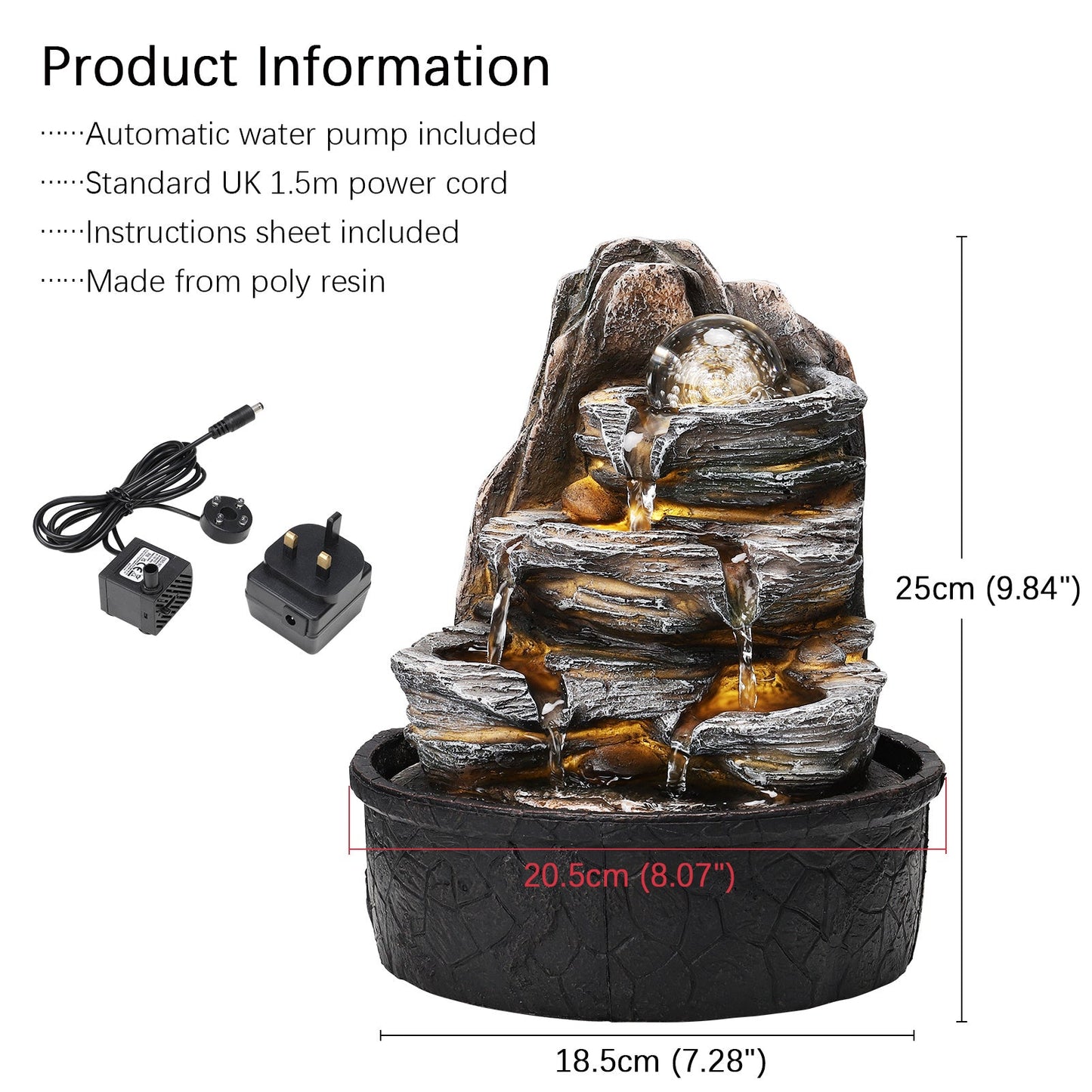 Tiered Rock Cascading Tabletop Water Fountain with LED Crystal Ball