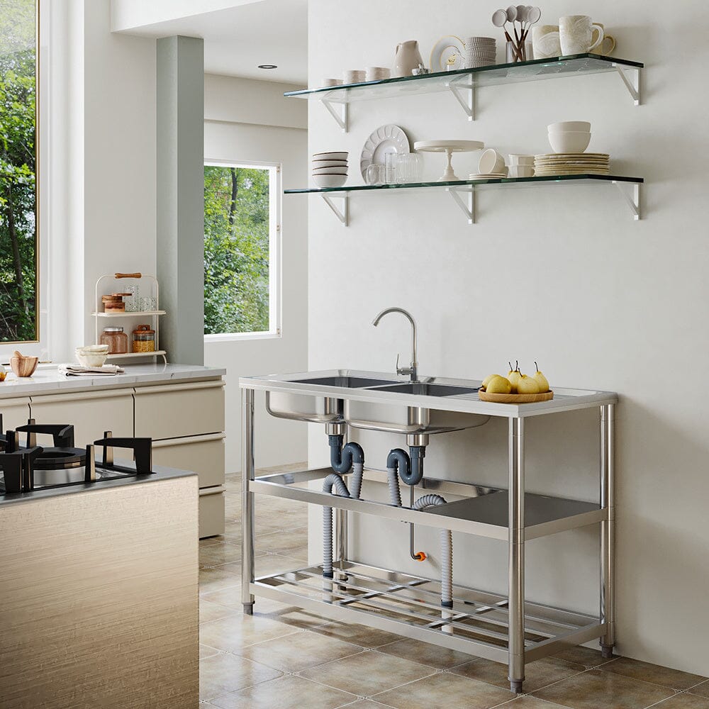 Steel Two Compartment Sinks with Shelves and Drainboard