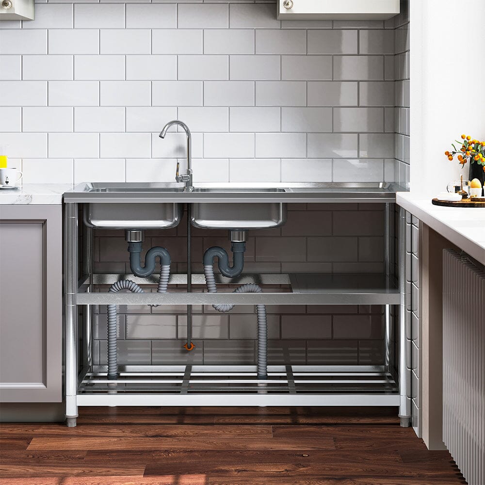 Steel Two Compartment Sinks with Shelves and Drainboard