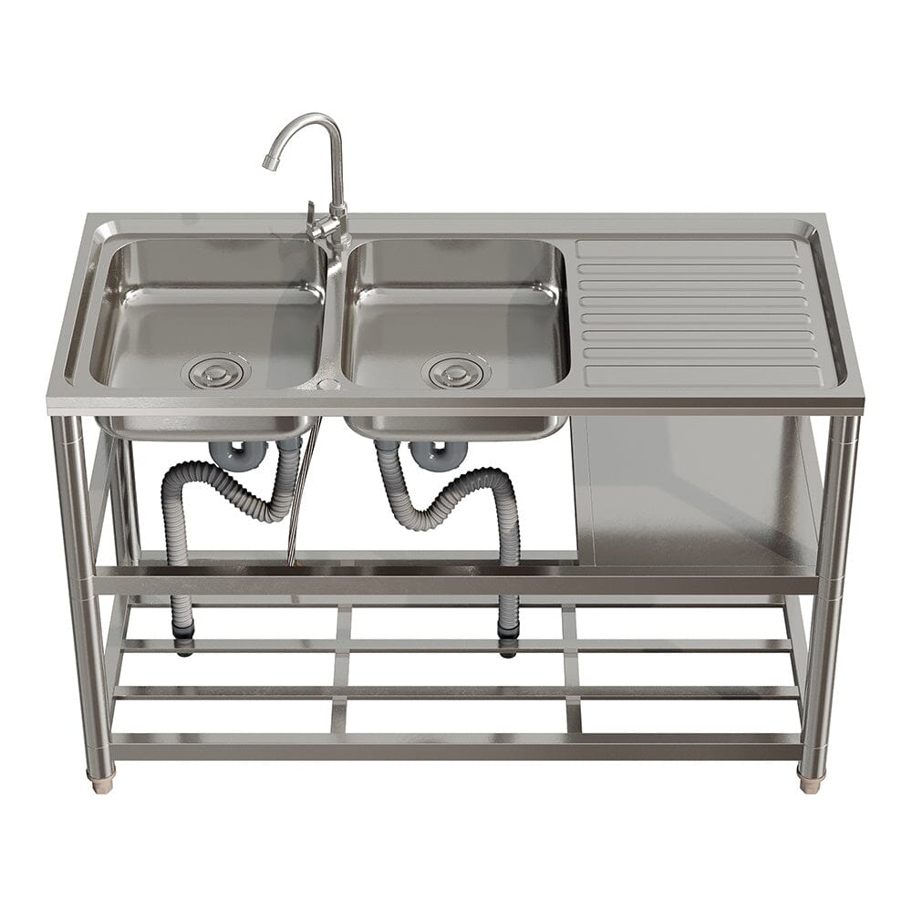 Steel Two Compartment Sinks with Shelves and Drainboard