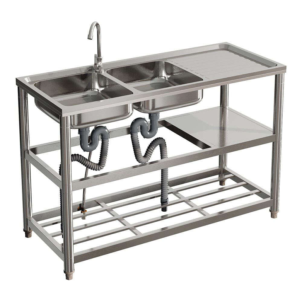 Steel Two Compartment Sinks with Shelves and Drainboard