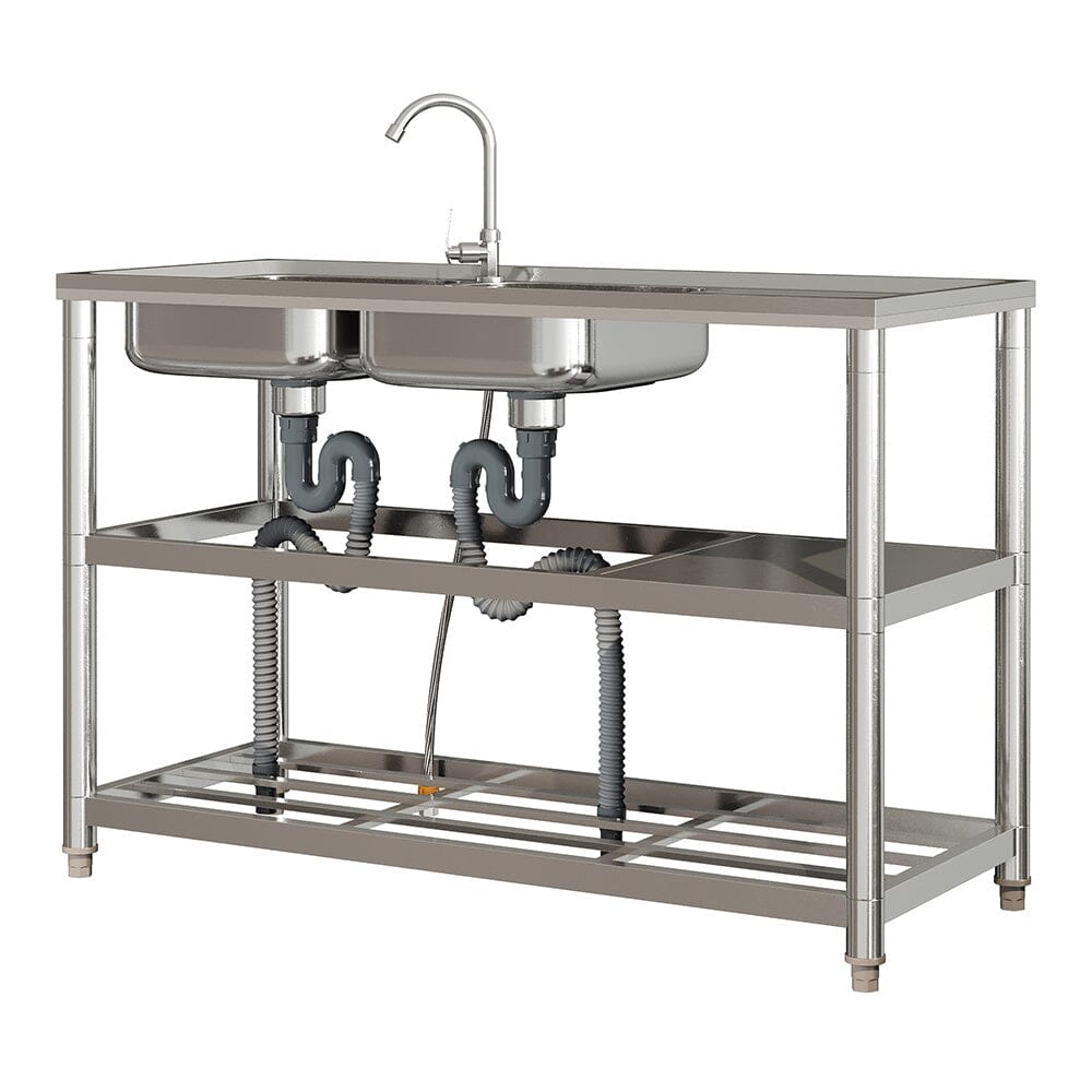 Steel Two Compartment Sinks with Shelves and Drainboard