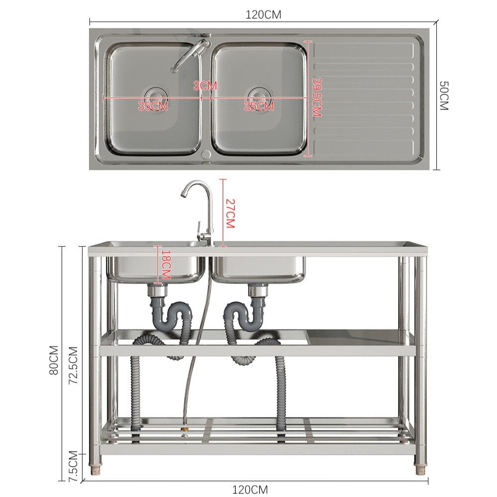 Steel Two Compartment Sinks with Shelves and Drainboard