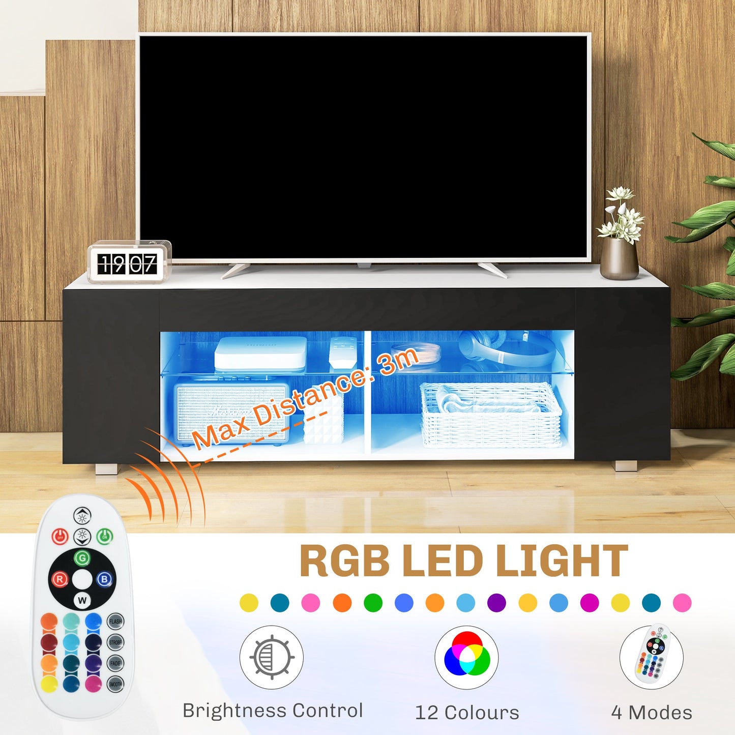 HOMCOM Szafka pod TV Multi-Shelf z regulowanymi światłami LED - czarna