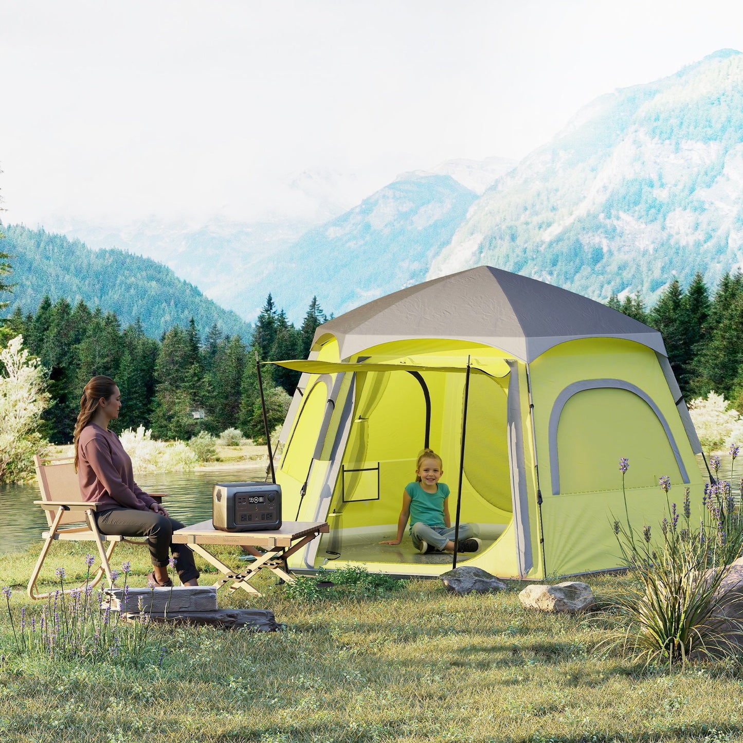 Outsunny Instant Pop Up Camping Tent, 2/3/4 osobowy łatwy w rozkładaniu namiot rodzinny z przedsionkiem, tropikiem, 4 oknami z siatki i 2 drzwiami, sześciokątny design, wodoodporny i z ochroną UV, żółto-zielony
