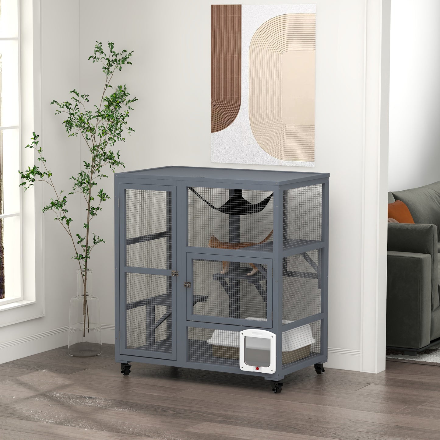 PawHut Cat House, Drewniany kryty koci domek na kółkach, Drewniana klatka dla kota z platformami, hamak, jasnoszary