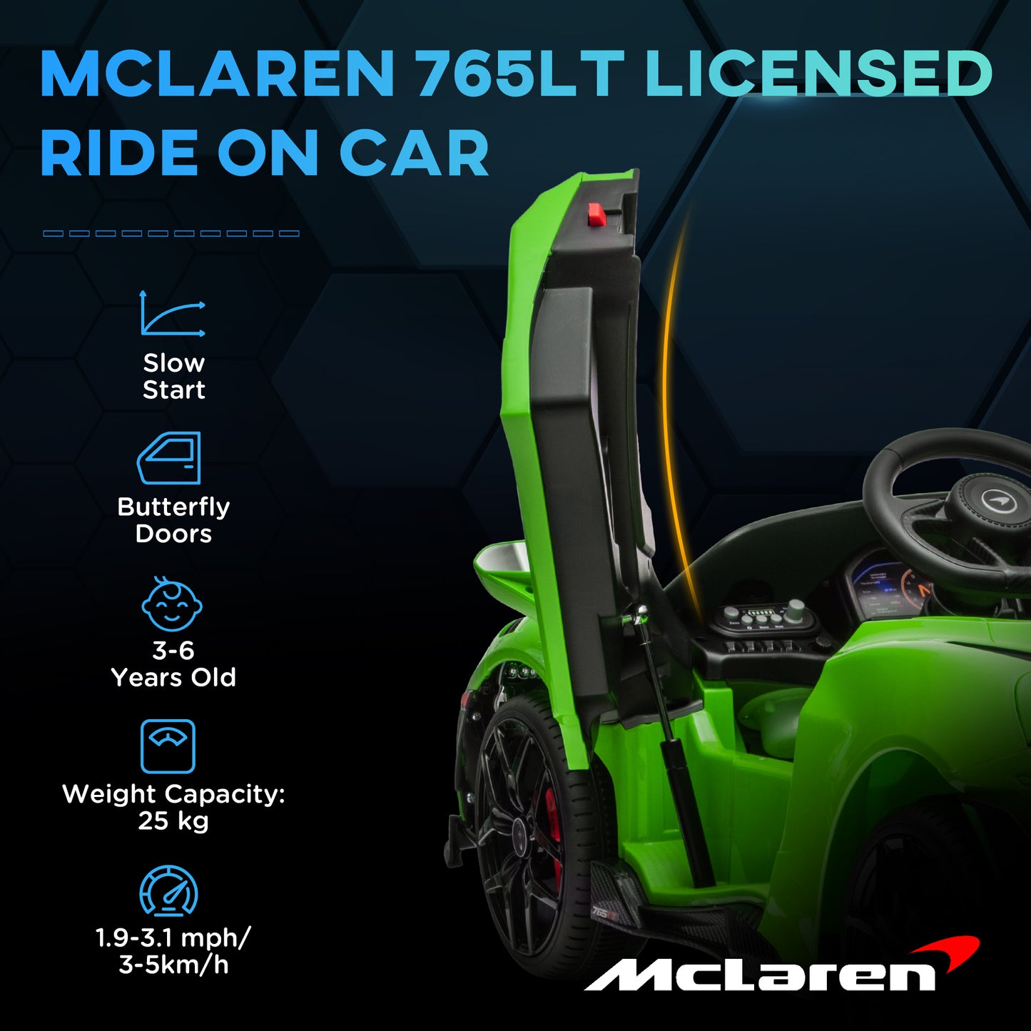 سيارة كهربائية للأطفال مرخصة من AIYAPLAY McLaren 765LT بقوة 12 فولت مع أبواب على شكل فراشة وعجلات نقل تعمل بالتحكم عن بعد باللون الأخضر