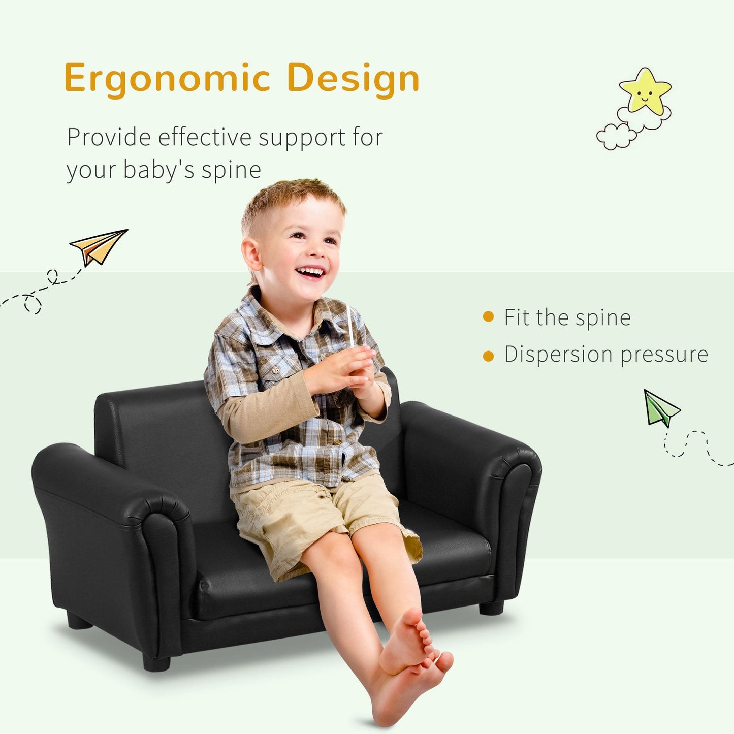 Sofa dziecięca HOMCOM z funkcją spania, sofa dla dzieci, fotel dla malucha, sofa dla chłopców i dziewcząt, sofa dwuosobowa z podnóżkiem (czarna)