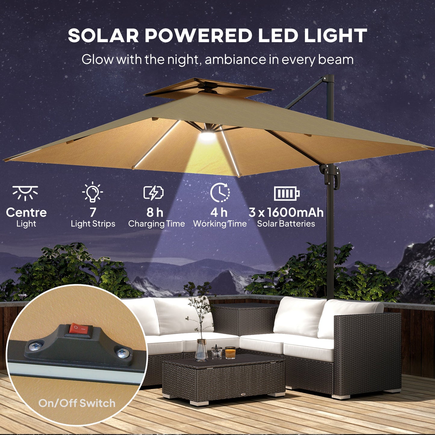 Outsunny 2,5 m parasol wspornikowy z lampami LED zasilanymi energią słoneczną, obrót 360√Ǭ∞, regulacja nachylenia, korba, khaki