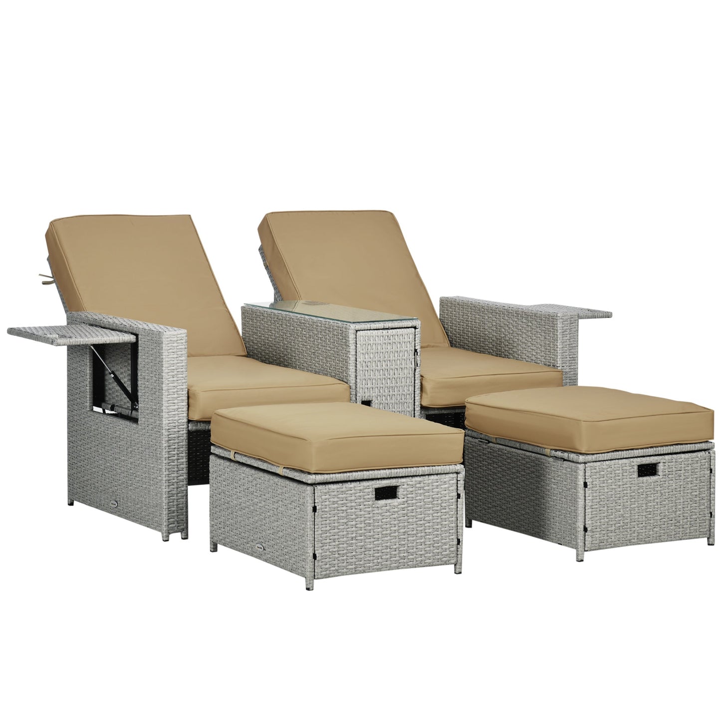 Outsunny 5PC PE Rattan Leżak, Zewnętrzna wiklina 5-poziomowa Regulowana Sofa Rozkładana z Bocznym Stolikiem i Podnóżkami, Na Patio, Do Ogrodu, Przy Basenie, Beżowy