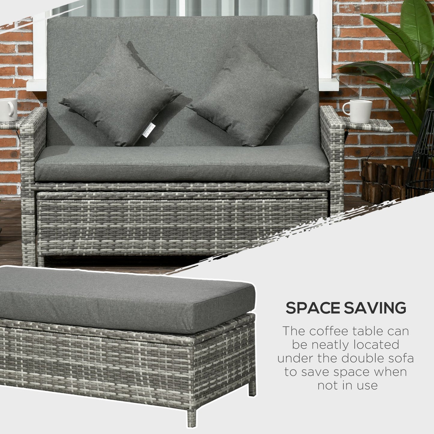 Outsunny 2-osobowa składana sofa do ogrodu, patio, meble ogrodowe z rattanu, leżak, leżanka z gąbką ognioodporną - szara