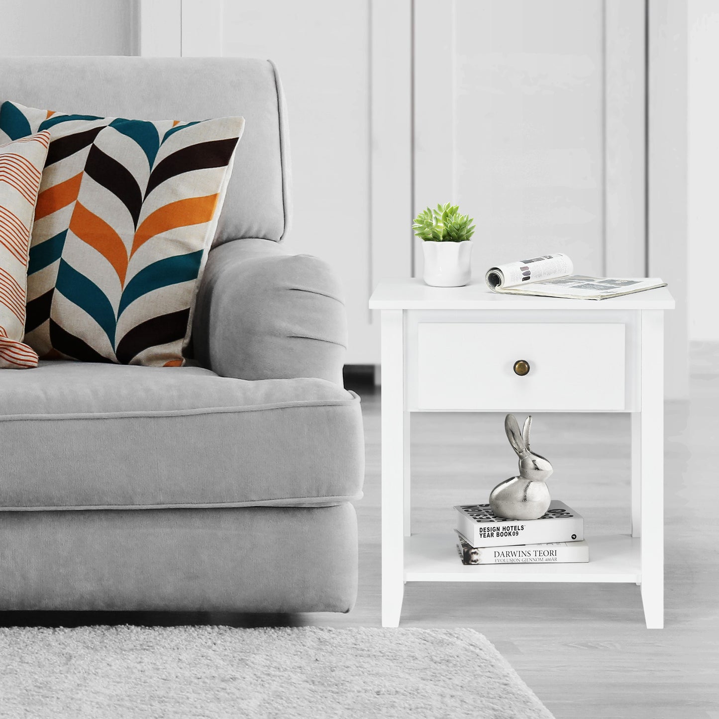 Accent Table Narrow Side End Table with 1 Drawer and Open Storage Shelf-White