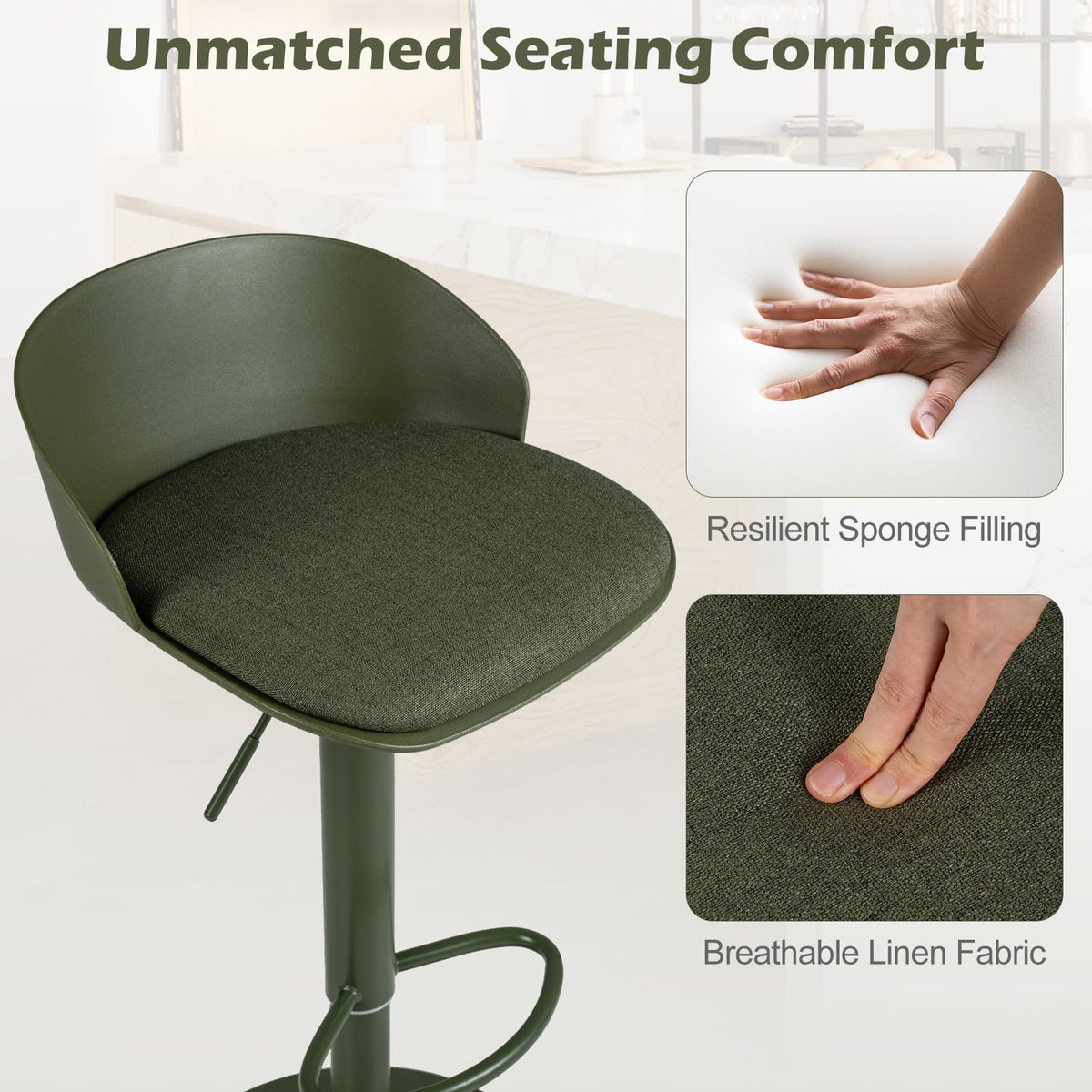 Adjustable Swivel Bar Stools with Back and Footrest Loads 150 KG Each-Olive Green