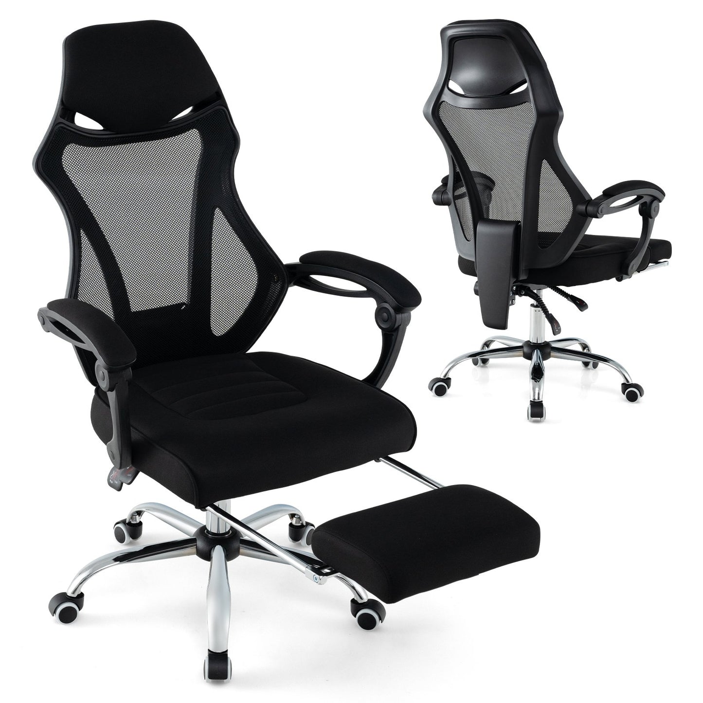 Regulowany ergonomiczny fotel biurowy z siatki z podnóżkiem - czarny