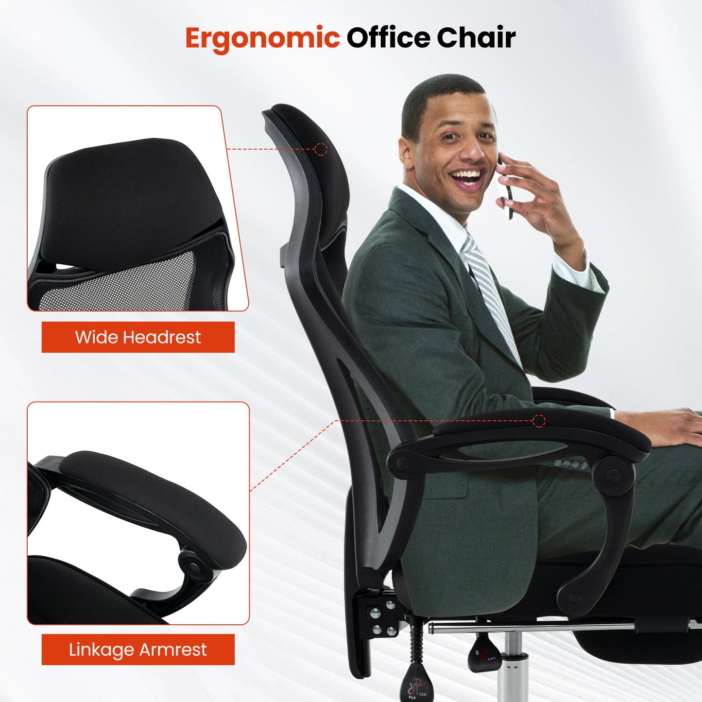Regulowany ergonomiczny fotel biurowy z siatki z podnóżkiem - czarny