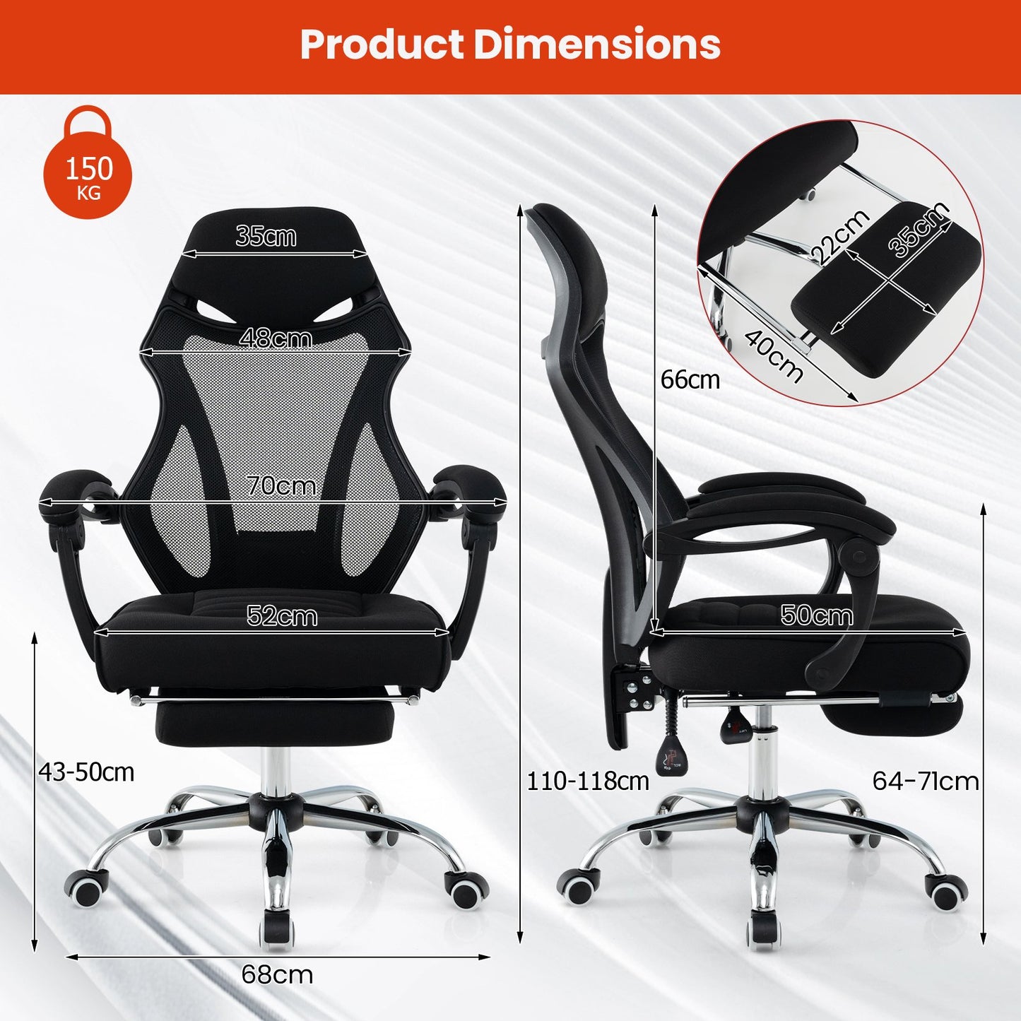 Regulowany ergonomiczny fotel biurowy z siatki z podnóżkiem - czarny