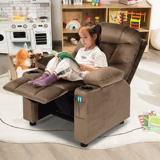 Adjustable Larger Kids Lounge Recliner Chair with 2 Cup Holders-Brown