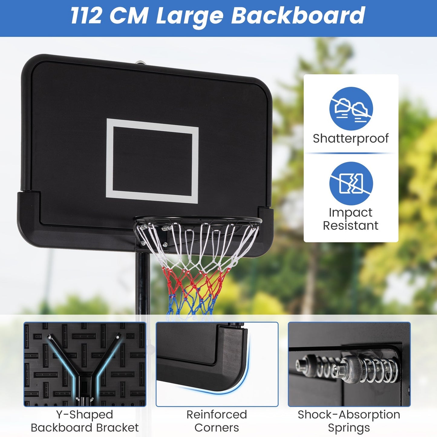 2.6-3.65 m Adjustable Portable Basketball Hoop with Shatterproof Backboard