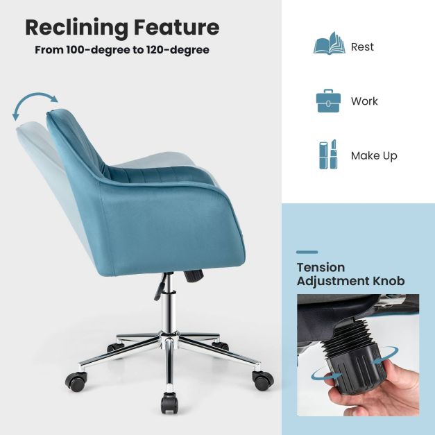 Adjustable Velvet Leisure Chair with 4 Universal Wheels for Daily-Blue