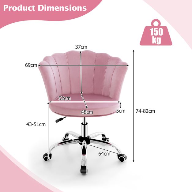 Height Adjustable Velvet Office Chair with Wheels & Ergonomic Design Computer Chair Pink