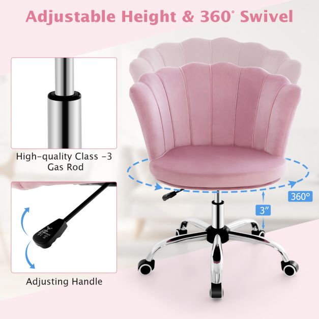 Height Adjustable Velvet Office Chair with Wheels & Ergonomic Design Computer Chair Pink