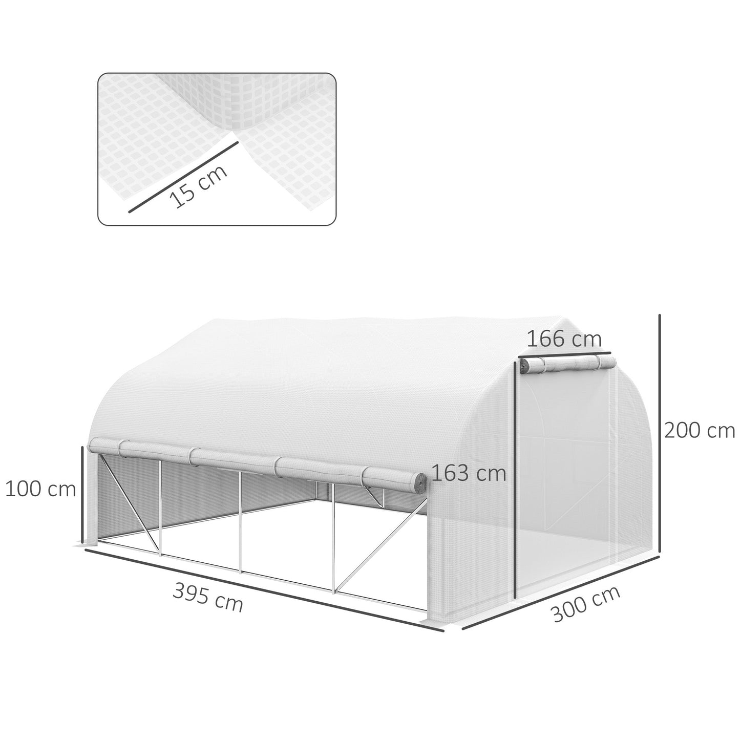 Outsunny 4 x 3(m) Tunel foliowy typu walk-in, ściany boczne zwijane na suwak, drzwi z siatki, 8 okien z siatki, namiot tunelowy z osłoną z polietylenu, bezpłatne etykiety na rośliny i rękawiczki, biały